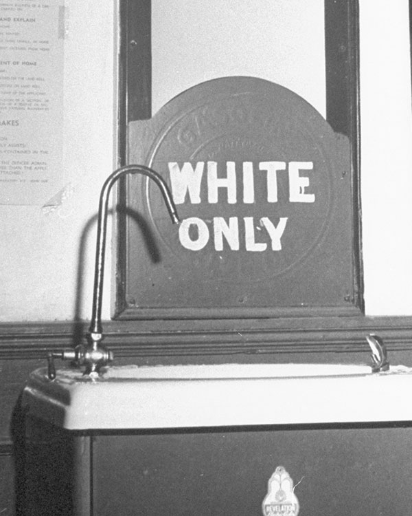 A water fountain is labeled for whites only.