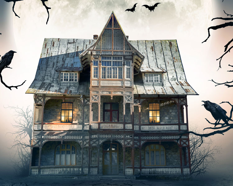 A decrepit house with crows and bats flying around it.