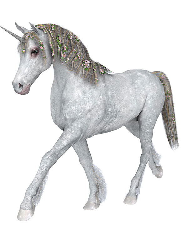 A unicorn has flowers in its mane and tale.