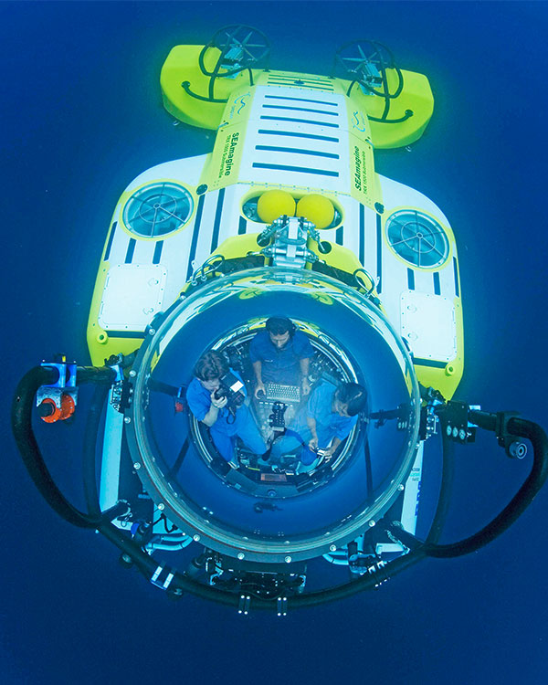 Three people inside a submersible.