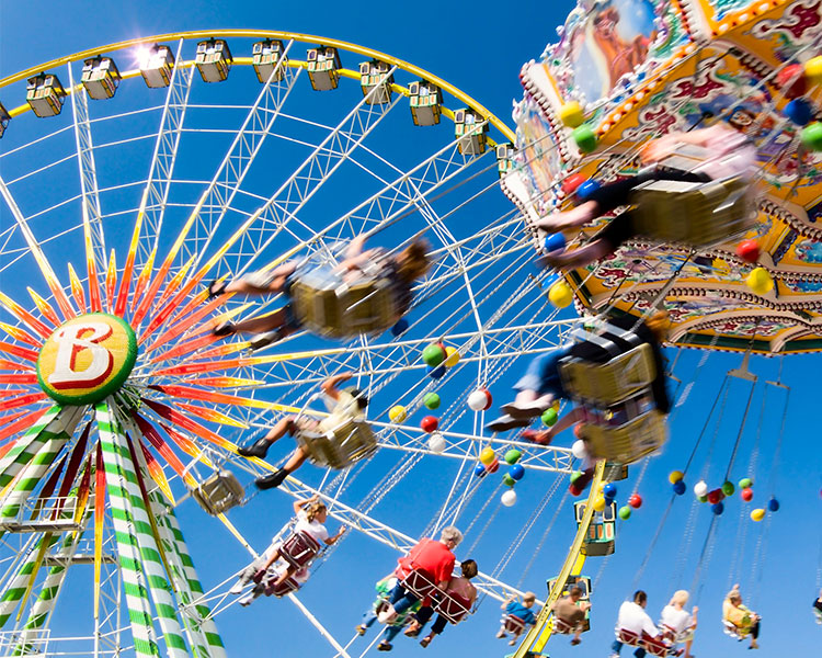 A Ferris wheel and merry go round