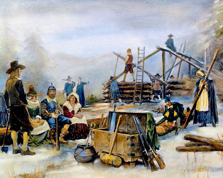 Pilgrims build a log house.