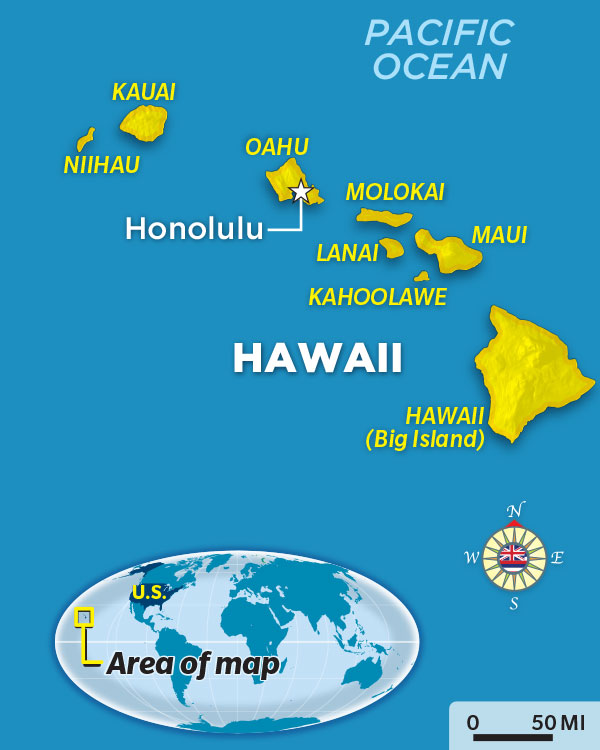 A map of Hawaii. Inset, a map of the globe.