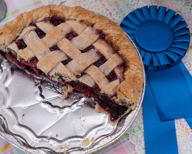 Half of a pie with a blue ribbon next to it