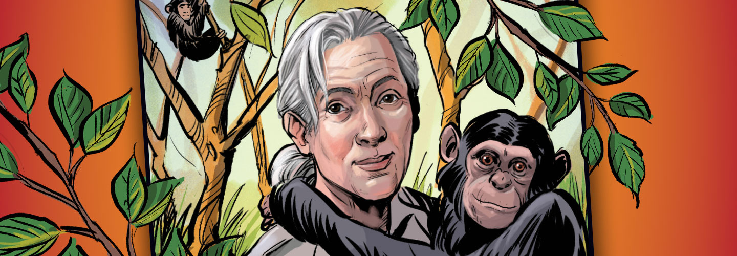 Jane holds a monkey in her arms.
