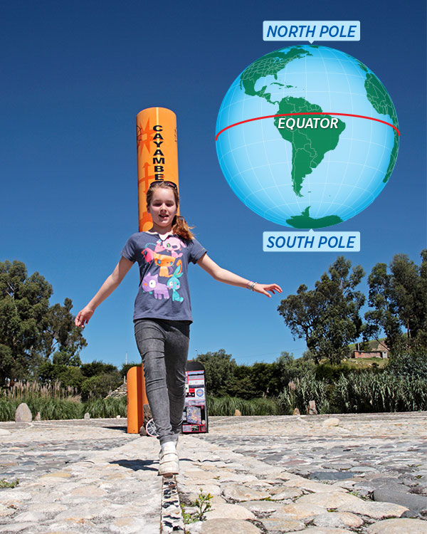 A girl walking on a line on the ground with the image of a globe showing the equator