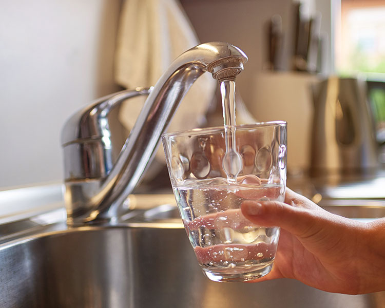 Someone filling up their glass with water from the kitchen sink