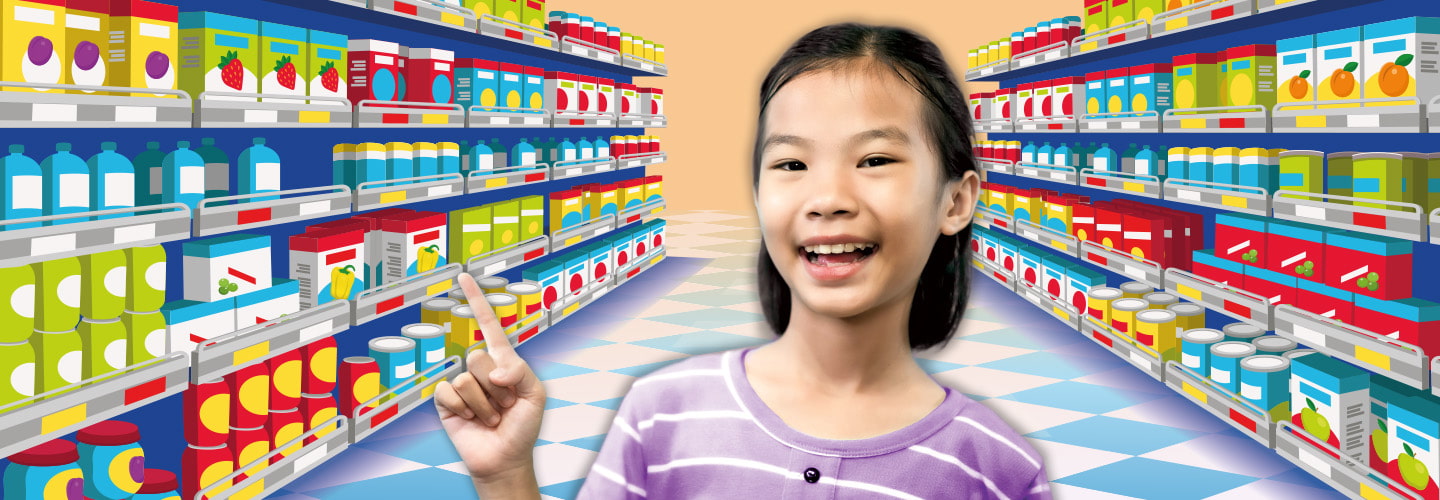 Image of a student pointing to a grocery aisle