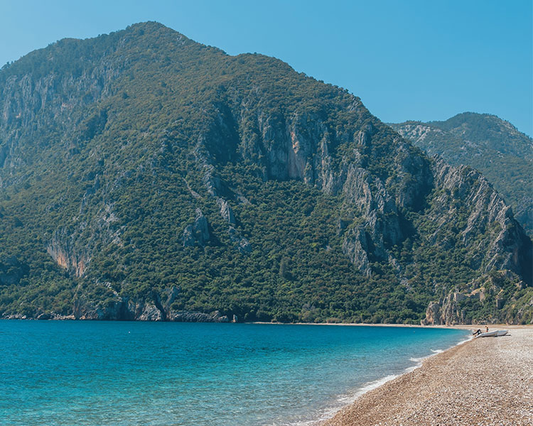 A beach surrounded by mountains