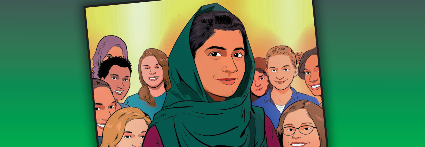 Illustration of Malala Yousafzai and smiling people surrounding her