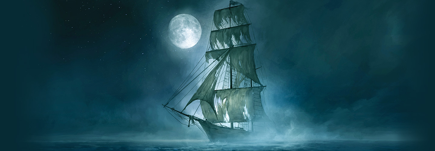 Illustration of a haunted ship traversing the night sea with a full moon