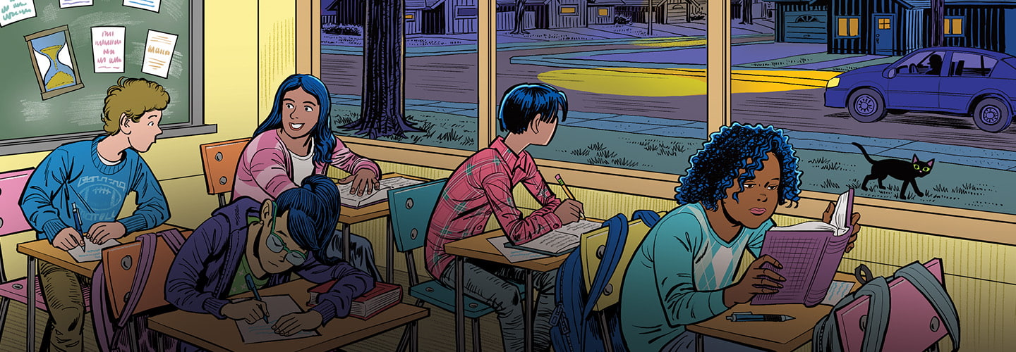 Illustration of students working in a classroom while through window it&apos;s nighttime