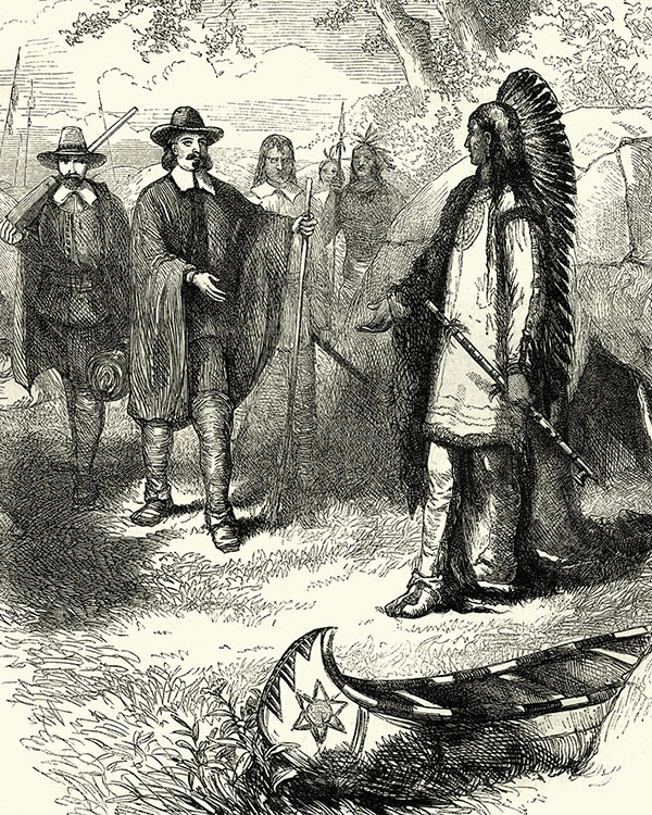 Black & white illustration of colonists greeting Native Americans