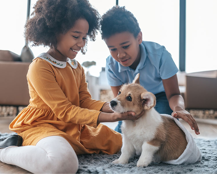 Photo of two kids playing with a puppy