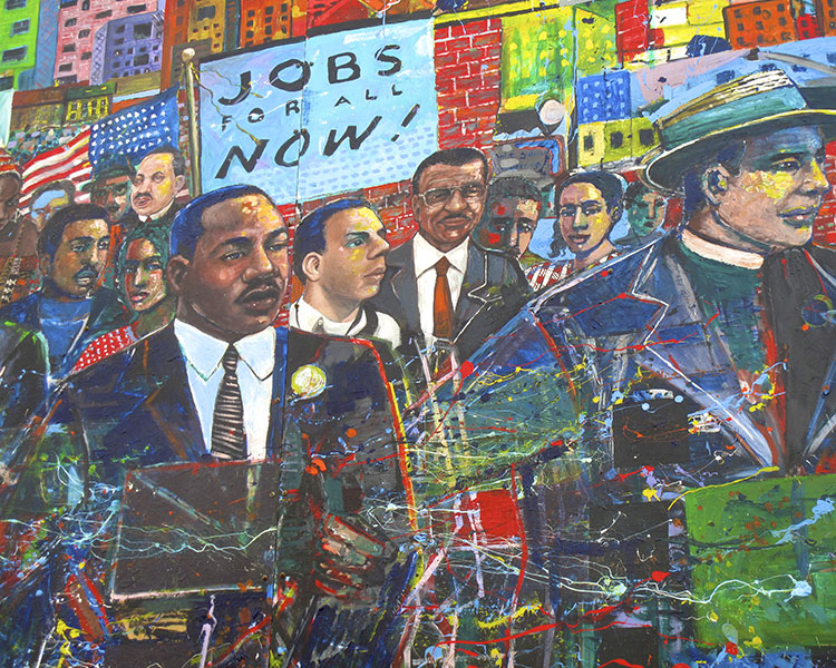 Image of a Civil Rights mural with MLK Jr. and text, "Jobs for all NOW"