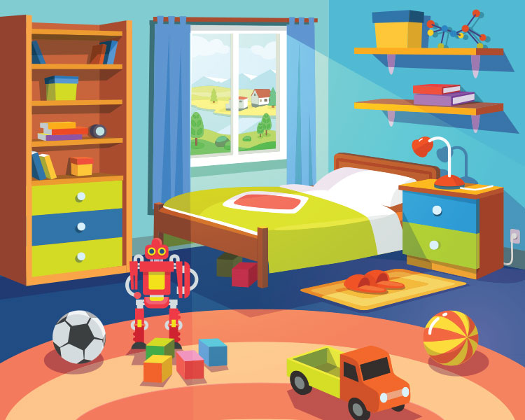 Illustration of a kids room with lots of toys