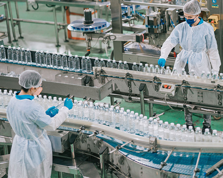 Photo of factory workers checking plastic water bottles on conveyor belts