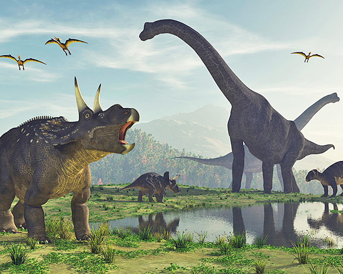 Digital image of a variety of dinosaurs existing together