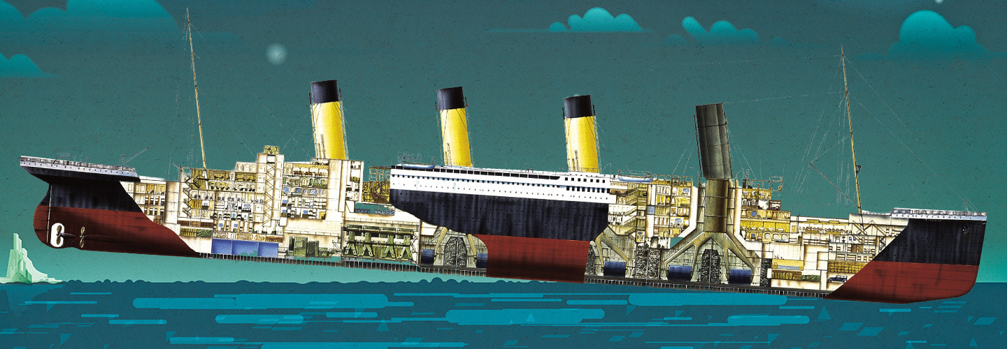 Illustration showing the interior of the Titanic as it began to sink