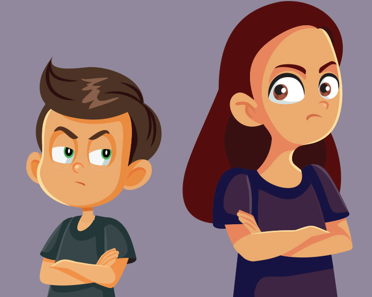 Digital image of two people with backs turned and crossed arms, upset at the other