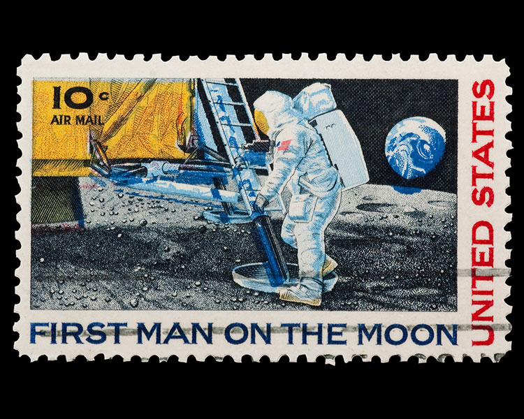 Image of a U.S. postage stamp of the First Man on the Moon