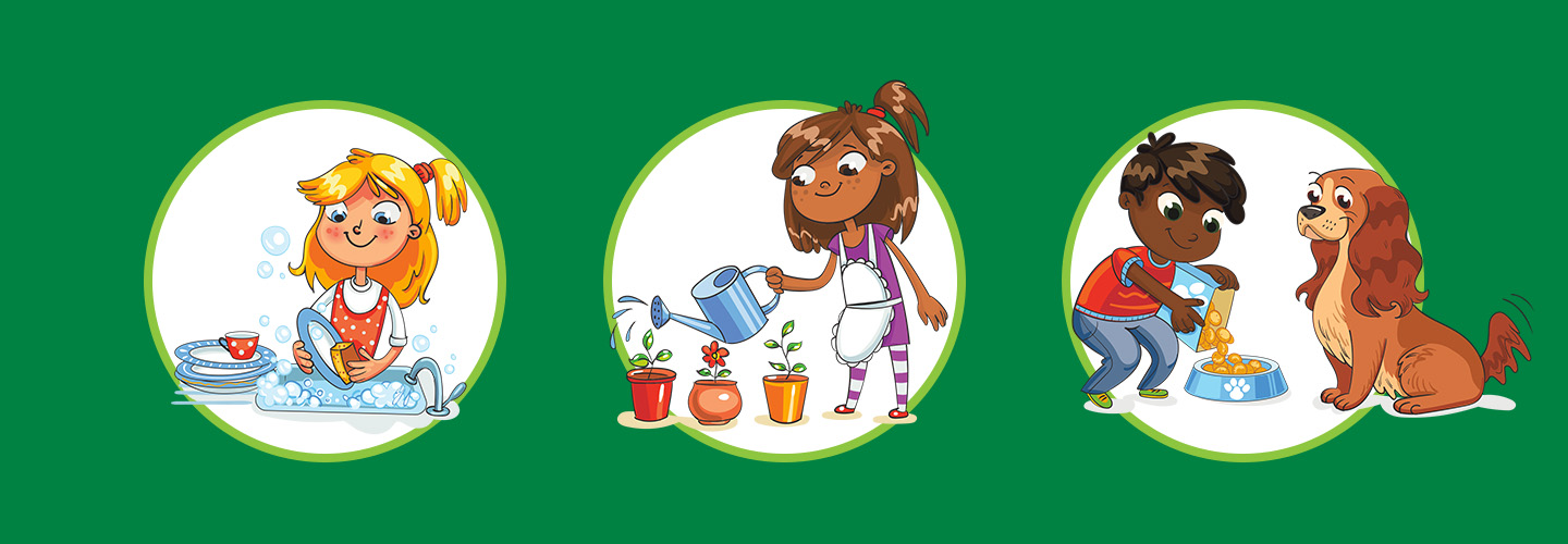 Illustration of kids washing dishes, watering plants, and feeding dog